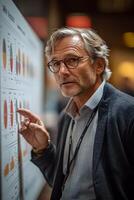 CEO explaining strategic objectives to colleagues, pointing at charts and graphs on a presentation board. photo