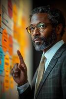 CEO explaining strategic objectives to colleagues, pointing at charts and graphs on a presentation board. photo
