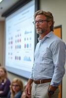 CEO presenting critical business strategies to employees, with attention focused on a digital screen in a meeting room. photo