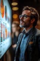 CEO discussing business plan strategies with a team, with strategic information displayed on a screen. photo