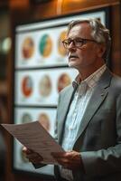 CEO standing in front of a strategic planning board, holding a business plan while addressing the team. photo