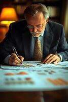 CEO analyzing business plan details, with strategic charts and graphs visible on a desk. photo