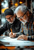 Team working together, jotting down ideas and drawing sketches for a new business strategy. photo