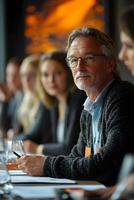 Sales team gathered around a table, discussing customer segments and strategies for entering modern markets. photo
