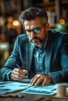 negocio líder analizando documentos, enfoque en el alineación de Actual metas con el negocio estrategia. foto