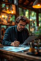 Entrepreneur seated at a desk, assessing a business plan to ensure it meets key goals and targets. photo