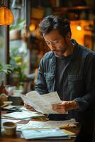 Business owner reviewing a detailed plan, concentrating on achieving essential goals and milestones. photo