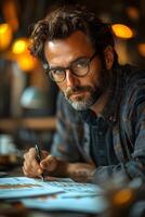 Focused entrepreneur reviewing charts and graphs, ensuring alignment with business goals and priorities. photo