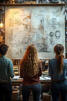 Overhead view of a group working on business strategies, with creative sketches and notes on a large sheet. photo