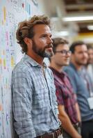 Team members brainstorming business strategies, with creative notes and sketches on a whiteboard. photo