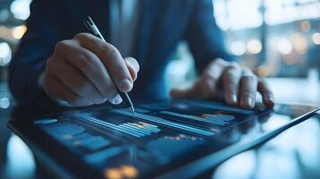 Businessman uses digital tablet to analyze and calculate financial data with economic growth graph, business strategy and planning. photo