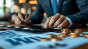 Businessman uses digital tablet to analyze and calculate financial data with economic growth graph, business strategy and planning. photo