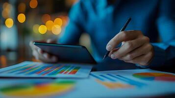 Businessman uses digital tablet to analyze and calculate financial data with economic growth graph, business strategy and planning. photo
