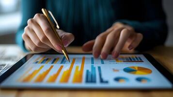 Businessman uses digital tablet to analyze and calculate financial data with economic growth graph, business strategy and planning. photo