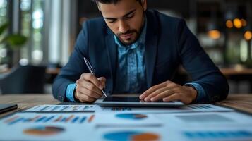 Businessman uses digital tablet to analyze and calculate financial data with economic growth graph, business strategy and planning. photo