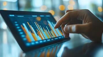 Businessman uses digital tablet to analyze and calculate financial data with economic growth graph, business strategy and planning. photo