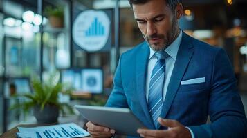 Businessman uses digital tablet to analyze and calculate financial data with economic growth graph, business strategy and planning. photo