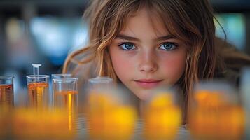 recortado Disparo de un niña científico divertido Ciencias experimentos para niños, Ciencias laboratorio. foto