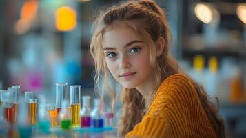 recortado Disparo de un niña científico divertido Ciencias experimentos para niños, Ciencias laboratorio. foto