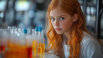 Cropped shot of a Girl scientist fun science experiments for kids, science lab. photo