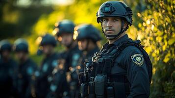 A law enforcement team equipped with body cameras and GPS technology, working efficiently during a field operation. photo
