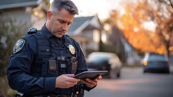 A police officer reviewing GPS data and body cam footage on a tablet while coordinating with other units in the field. photo
