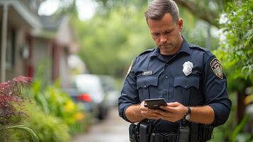 Officers using advanced mobile data terminals and body-worn cameras for evidence collection and tracking during a field assignment. photo