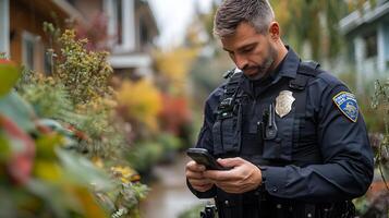 A police officer with a body cam on their uniform, consulting a GPS device to navigate and track locations during a field assignment. photo