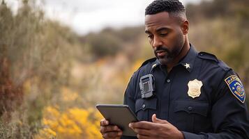 A police officer reviewing GPS data and body cam footage on a tablet while coordinating with other units in the field. photo