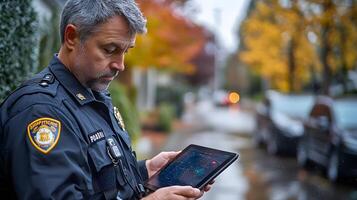 A police officer reviewing GPS data and body cam footage on a tablet while coordinating with other units in the field. photo