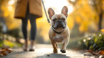 A woman walking her enthusiastic French bulldog, the dog pulling the leash toward a group of trees on a bright, sunny day. photo
