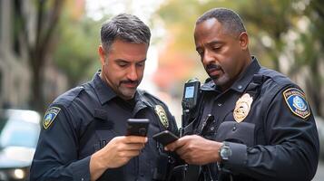 Law enforcement using technology in the field, including body cameras, GPS tracking, and mobile terminals for efficient communication and data collection. photo