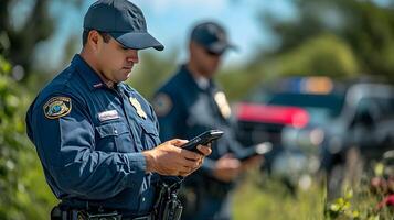 Law enforcement professionals utilizing advanced mobile data terminals to manage and relay information during field operations. photo