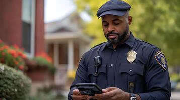 A police officer interfacing with a mobile data terminal while wearing a body cam and coordinating with a GPS tracking system. photo