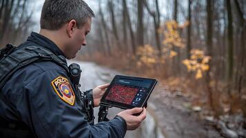 A police officer reviewing footage from a body camera on a tablet while tracking suspects with GPS technology. photo