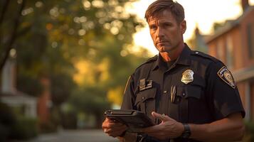 A police officer interfacing with a mobile data terminal while wearing a body cam and coordinating with a GPS tracking system. photo