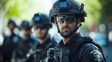 Police officers in a tactical situation using body cams and advanced GPS systems to enhance their field operations. photo