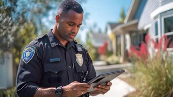 A police officer reviewing footage from a body camera on a tablet while tracking suspects with GPS technology. photo