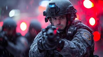 Police officers in a tactical situation using body cams and advanced GPS systems to enhance their field operations. photo