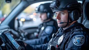 Police officers in a vehicle using mobile data terminals to communicate with dispatch and access criminal databases. photo