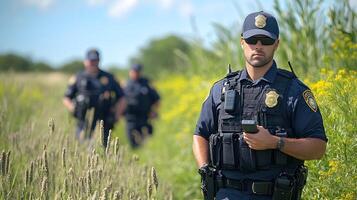 Law enforcement professionals with body-worn cameras and mobile data terminals actively engaged in a field investigation. photo