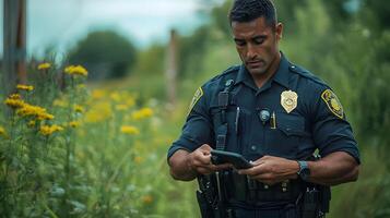 A police officer with a body cam on their uniform, consulting a GPS device to navigate and track locations during a field assignment. photo