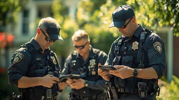 Law enforcement professionals with body-worn cameras and mobile data terminals actively engaged in a field investigation. photo