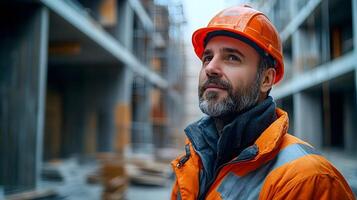 Detailed view of engineer inspecting walls, assessing construction and structural elements in a building photo