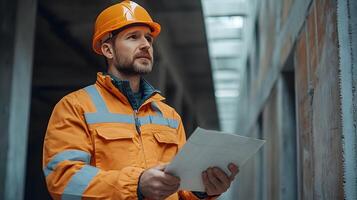 Detailed view of engineer inspecting walls, assessing construction and structural elements in a building photo