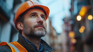 Engineer inspecting building walls closely, analyzing construction quality in a modern setting photo