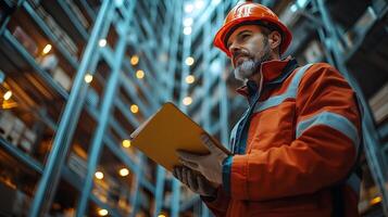 Close-up of engineer inspecting building walls, with emphasis on assessing materials and structural elements photo