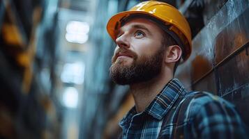 Engineer scrutinizing building wall surfaces, focusing on structural integrity and construction details photo