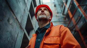 Detailed view of engineer inspecting walls, assessing construction and structural elements in a building photo