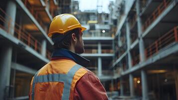 Engineer inspecting building walls closely, analyzing construction quality in a modern setting photo
